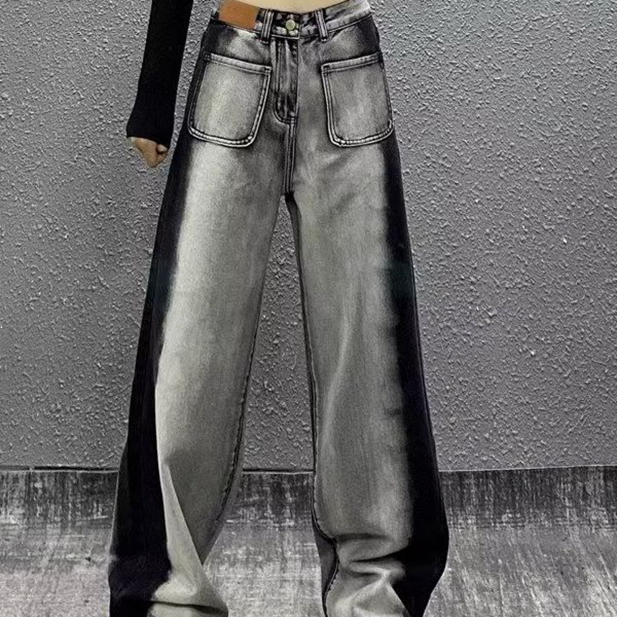91家纺网 家纺一手货源 找家纺 （总）洛兰沙家居馆【只代发】【只代发】 2025只代发美式复古灰黑色阔腿牛仔裤女大码胖mm设计感个性拼色高腰直筒长裤28