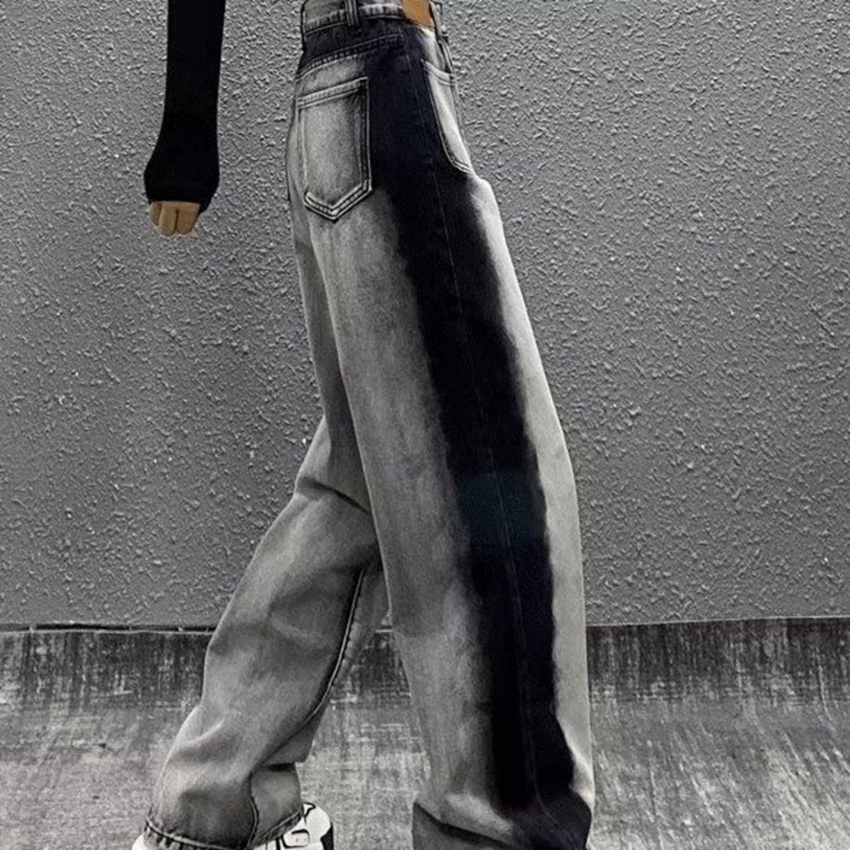 91家纺网 家纺一手货源 找家纺 （总）洛兰沙家居馆【只代发】【只代发】 2025只代发美式复古灰黑色阔腿牛仔裤女大码胖mm设计感个性拼色高腰直筒长裤28