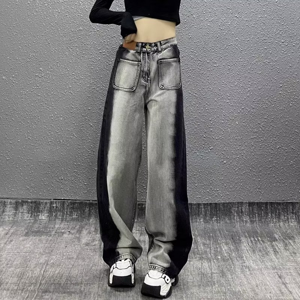 91家纺网 家纺一手货源 找家纺 （总）洛兰沙家居馆【只代发】【只代发】 2025只代发美式复古灰黑色阔腿牛仔裤女大码胖mm设计感个性拼色高腰直筒长裤28