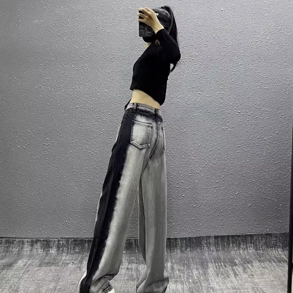 91家纺网 家纺一手货源 找家纺 （总）洛兰沙家居馆【只代发】【只代发】 2025只代发美式复古灰黑色阔腿牛仔裤女大码胖mm设计感个性拼色高腰直筒长裤28