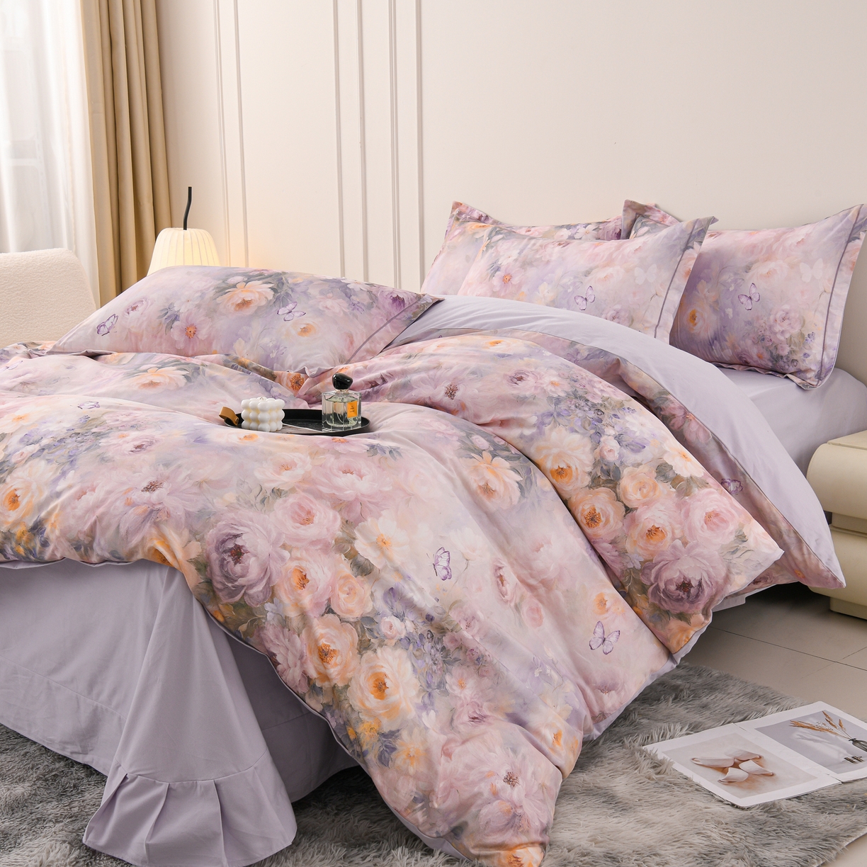 91家纺网 家纺一手货源 找家纺 润淳家居 2025新款全棉生态磨毛数码印花四件套 花暖香风 紫