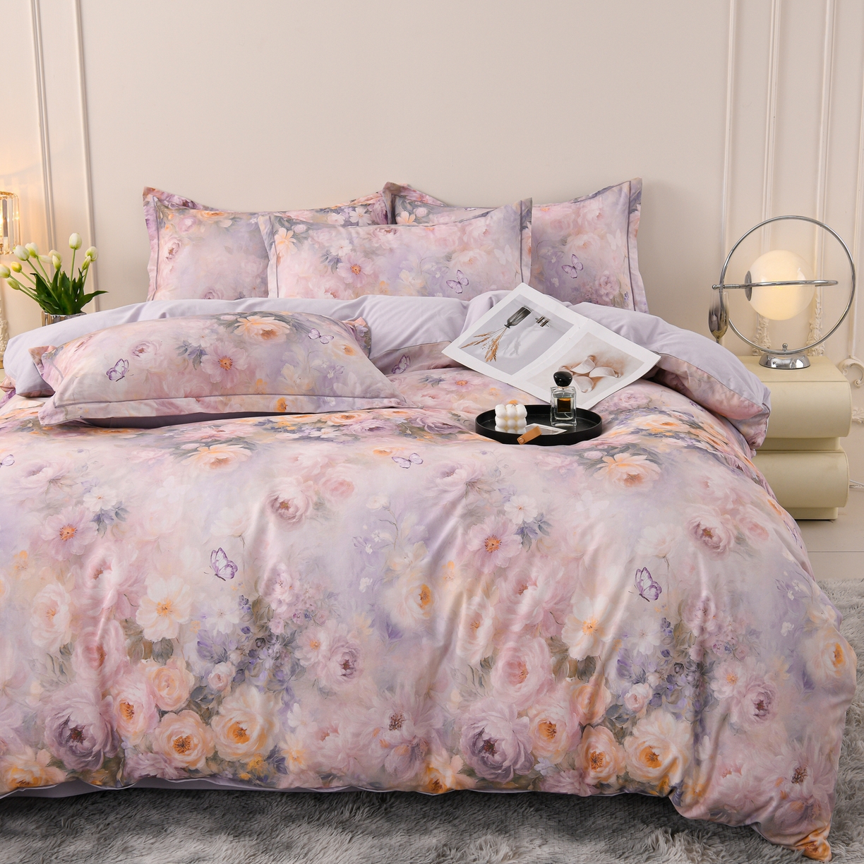 91家纺网 家纺一手货源 找家纺 润淳家居 2025新款全棉生态磨毛数码印花四件套 花暖香风 紫