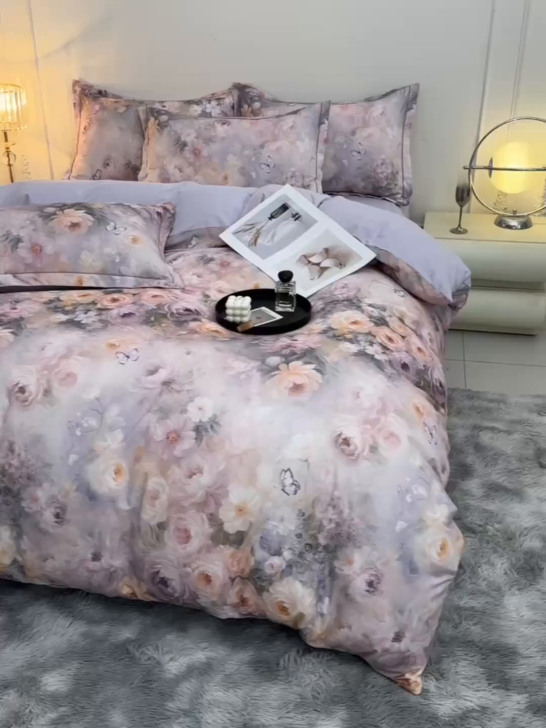 91家纺网 家纺一手货源 找家纺 润淳家居 2025新款全棉生态磨毛数码印花四件套 花暖香风 紫