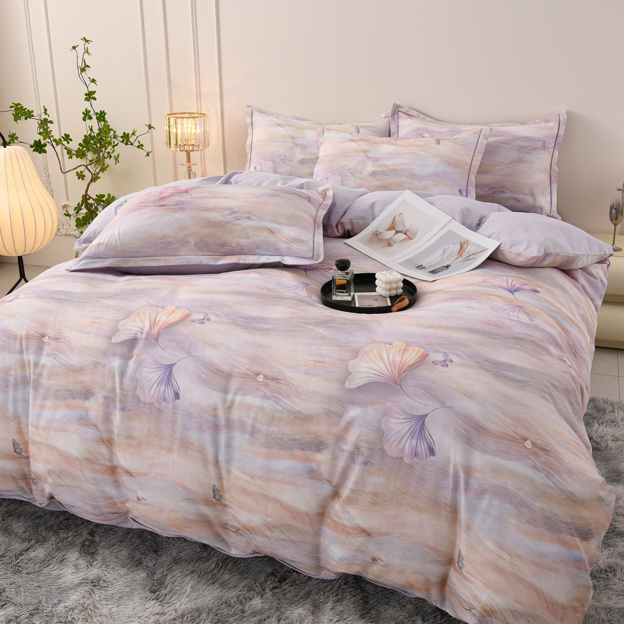 91家纺网 家纺一手货源 找家纺 润淳家居 2025新款全棉生态磨毛数码印花四件套 霁雪 紫