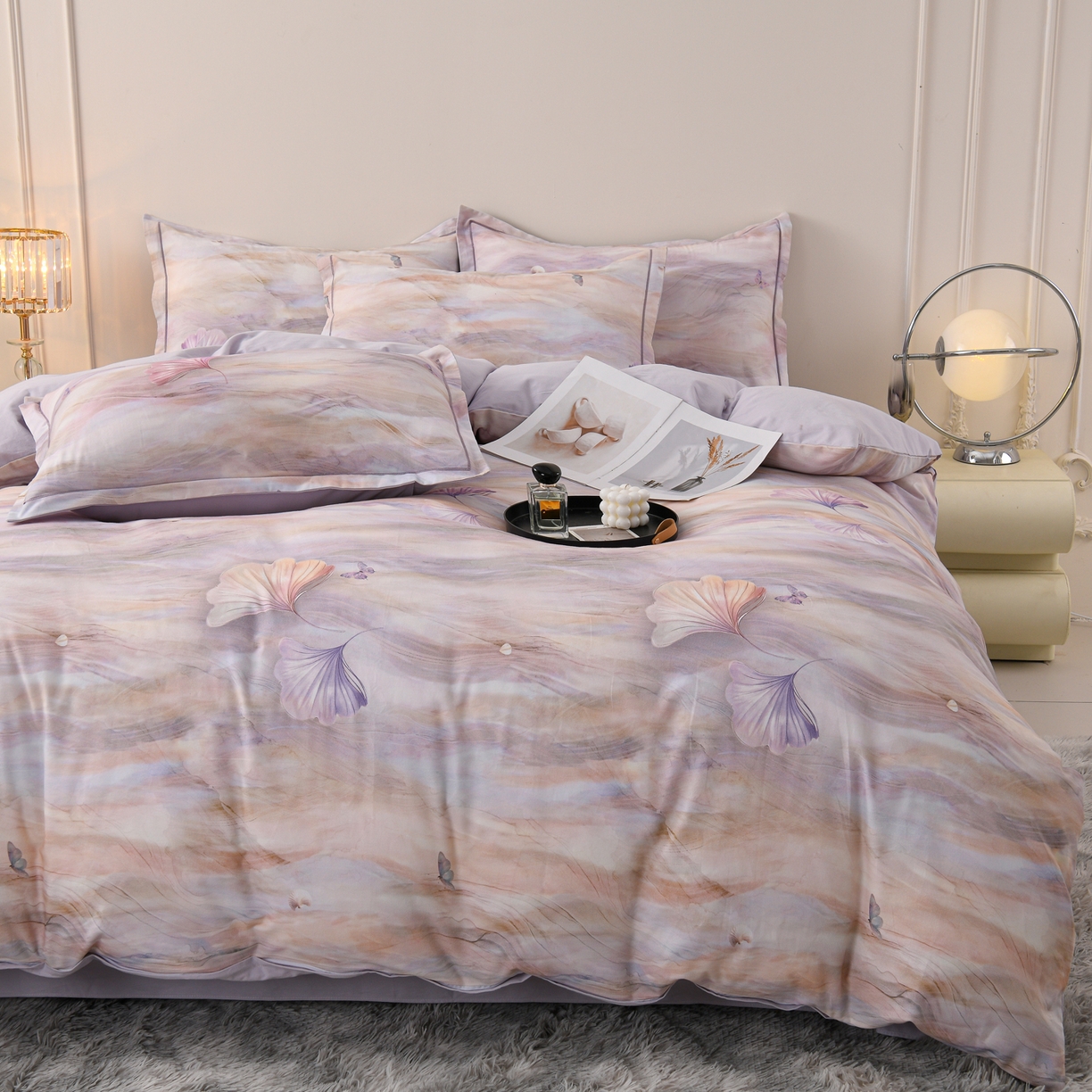 91家纺网 家纺一手货源 找家纺 润淳家居 2025新款全棉生态磨毛数码印花四件套 霁雪 紫