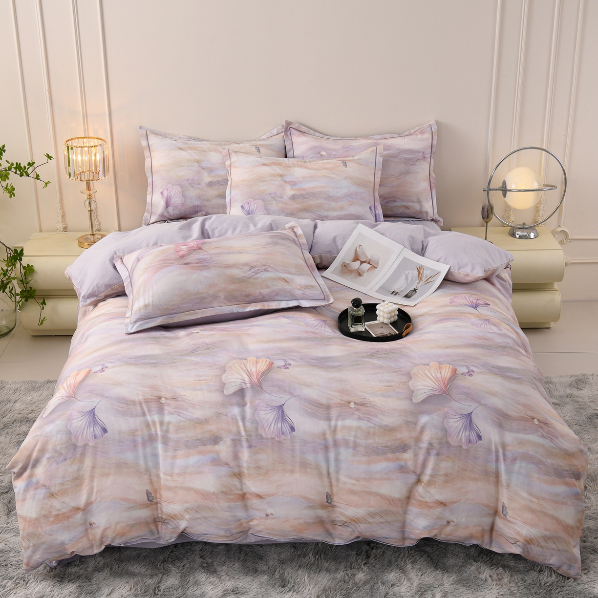 91家纺网 家纺一手货源 找家纺 润淳家居 2025新款全棉生态磨毛数码印花四件套 霁雪 紫