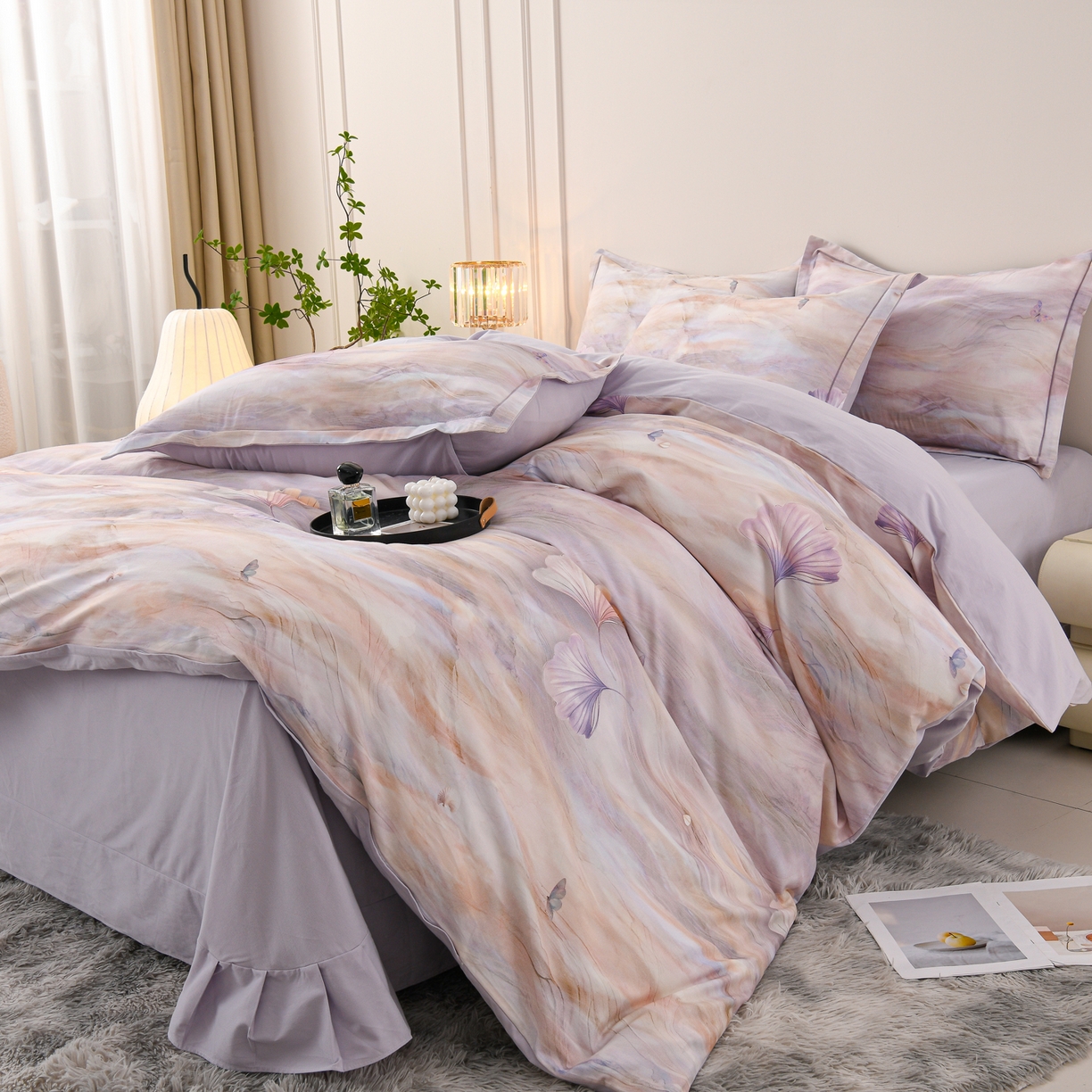 91家纺网 家纺一手货源 找家纺 润淳家居 2025新款全棉生态磨毛数码印花四件套 霁雪 紫