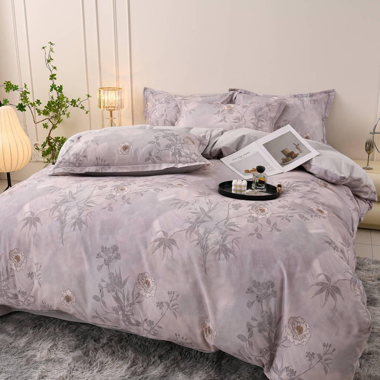 91家纺网 家纺一手货源 找家纺 润淳家居 2025新款全棉生态磨毛数码印花四件套 莱茵 灰