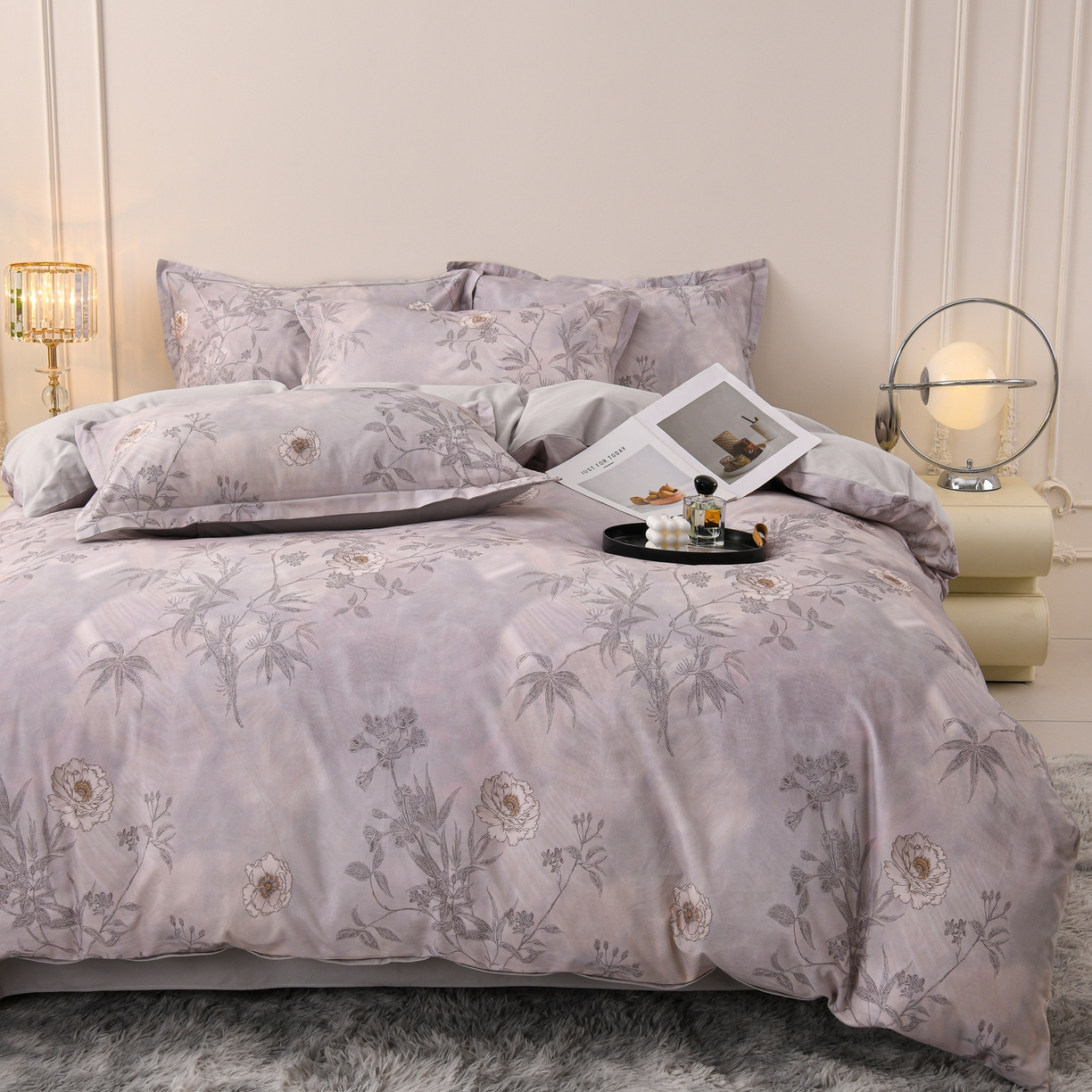 91家纺网 家纺一手货源 找家纺 润淳家居 2025新款全棉生态磨毛数码印花四件套 莱茵 灰