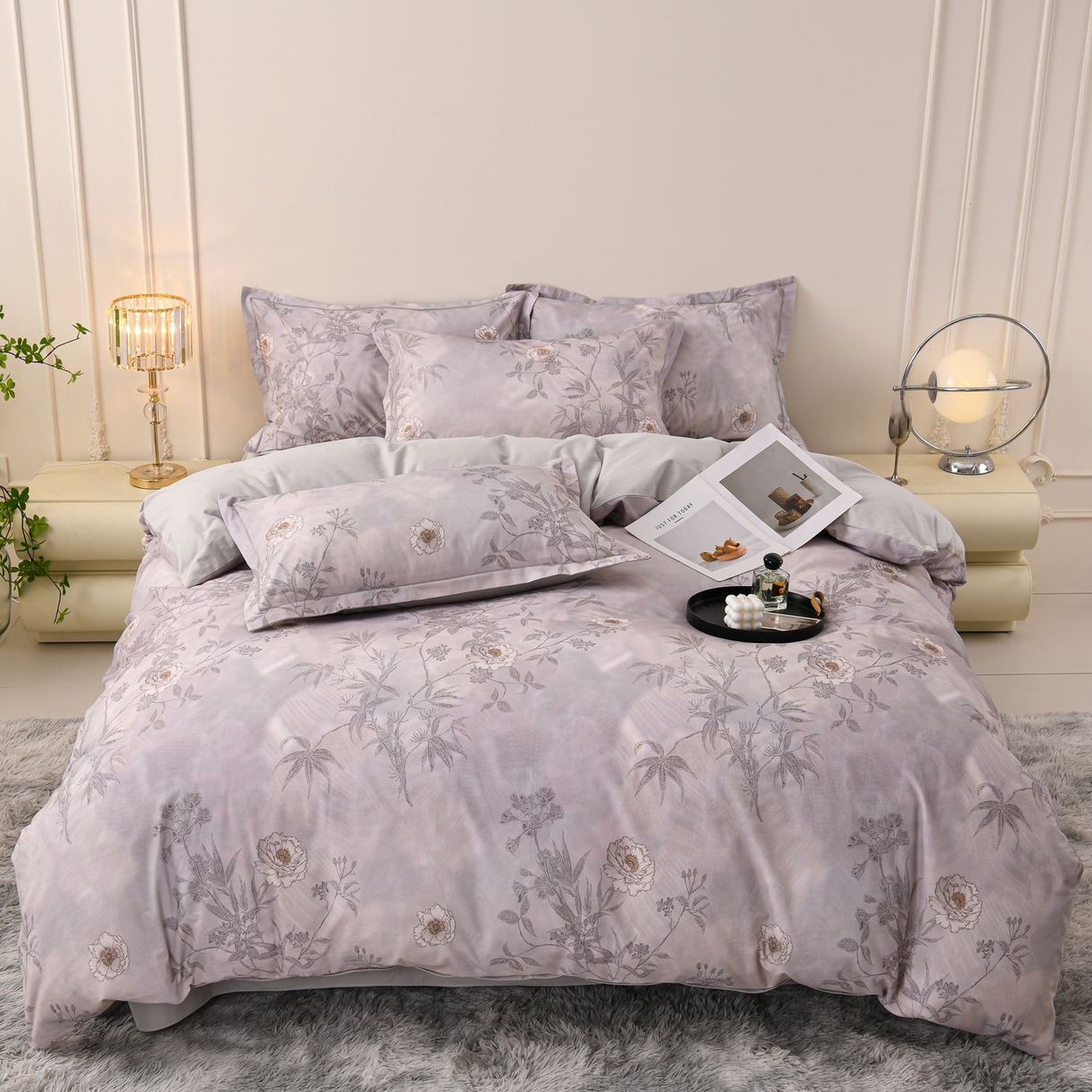 91家纺网 家纺一手货源 找家纺 润淳家居 2025新款全棉生态磨毛数码印花四件套 莱茵 灰