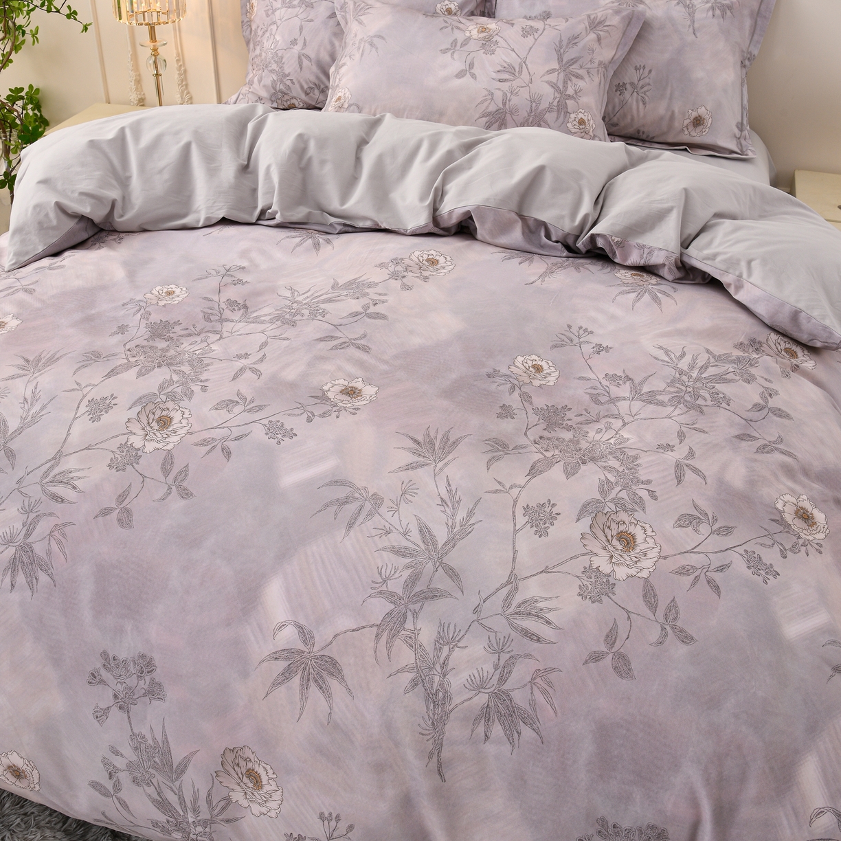 91家纺网 家纺一手货源 找家纺 润淳家居 2025新款全棉生态磨毛数码印花四件套 莱茵 灰