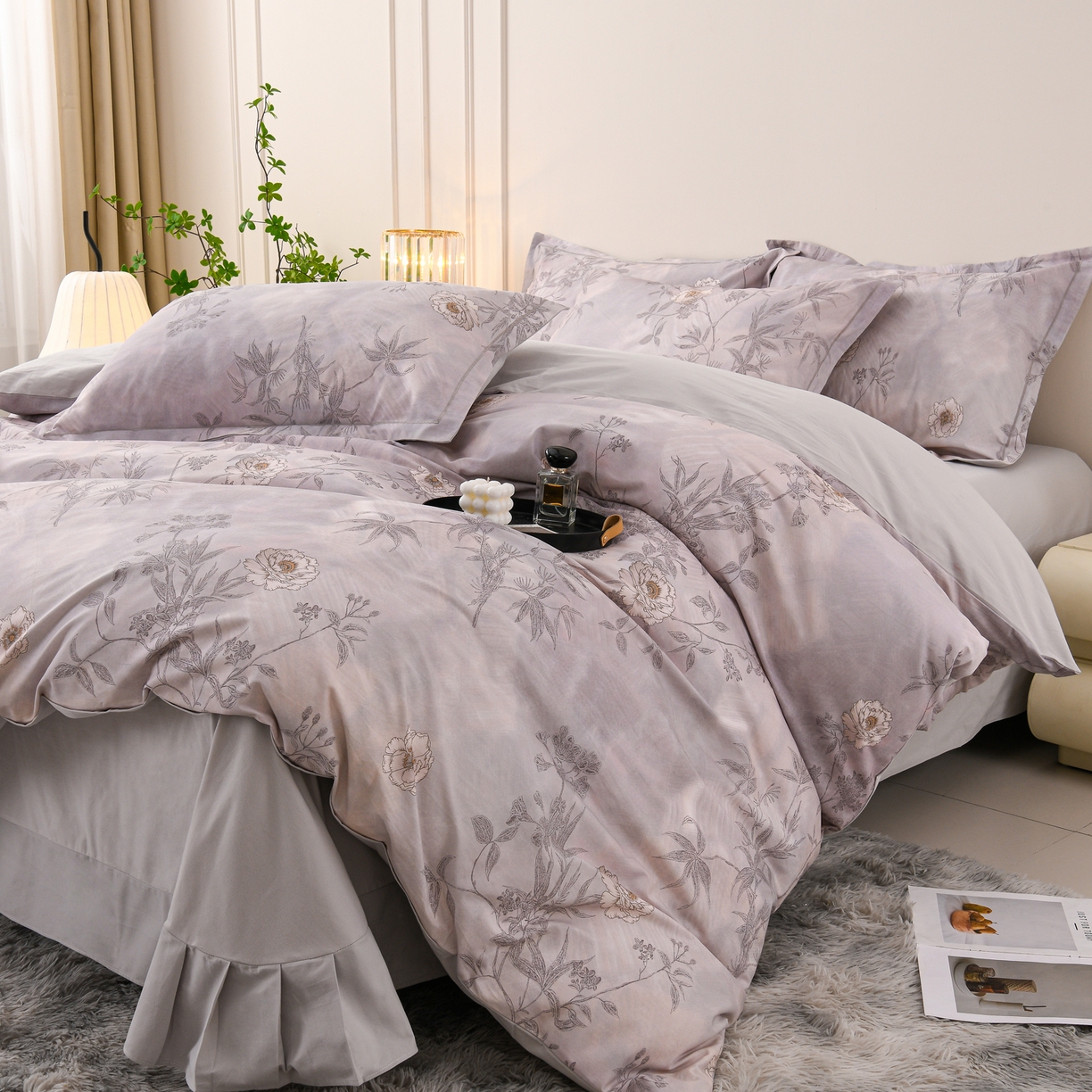 91家纺网 家纺一手货源 找家纺 润淳家居 2025新款全棉生态磨毛数码印花四件套 莱茵 灰