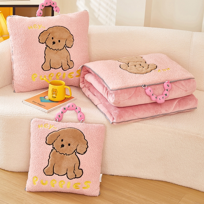 伊可爱2025新款秋冬泰迪绒卡通贴布绣提手抱枕被-贝宝 贝宝-甜蜜粉