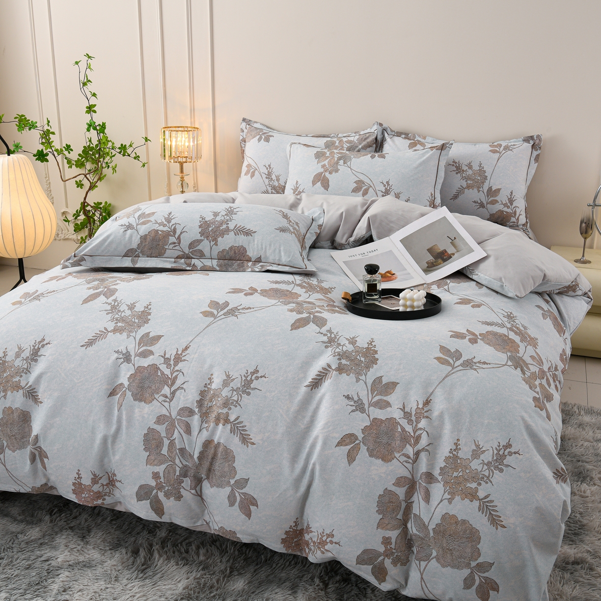 91家纺网 家纺一手货源 找家纺 润淳家居 2025新款全棉生态磨毛数码印花四件套 茉婉 灰绿