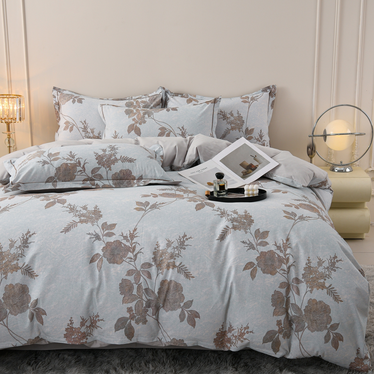 91家纺网 家纺一手货源 找家纺 润淳家居 2025新款全棉生态磨毛数码印花四件套 茉婉 灰绿