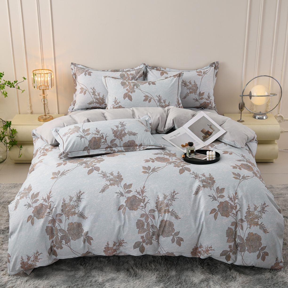 91家纺网 家纺一手货源 找家纺 润淳家居 2025新款全棉生态磨毛数码印花四件套 茉婉 灰绿