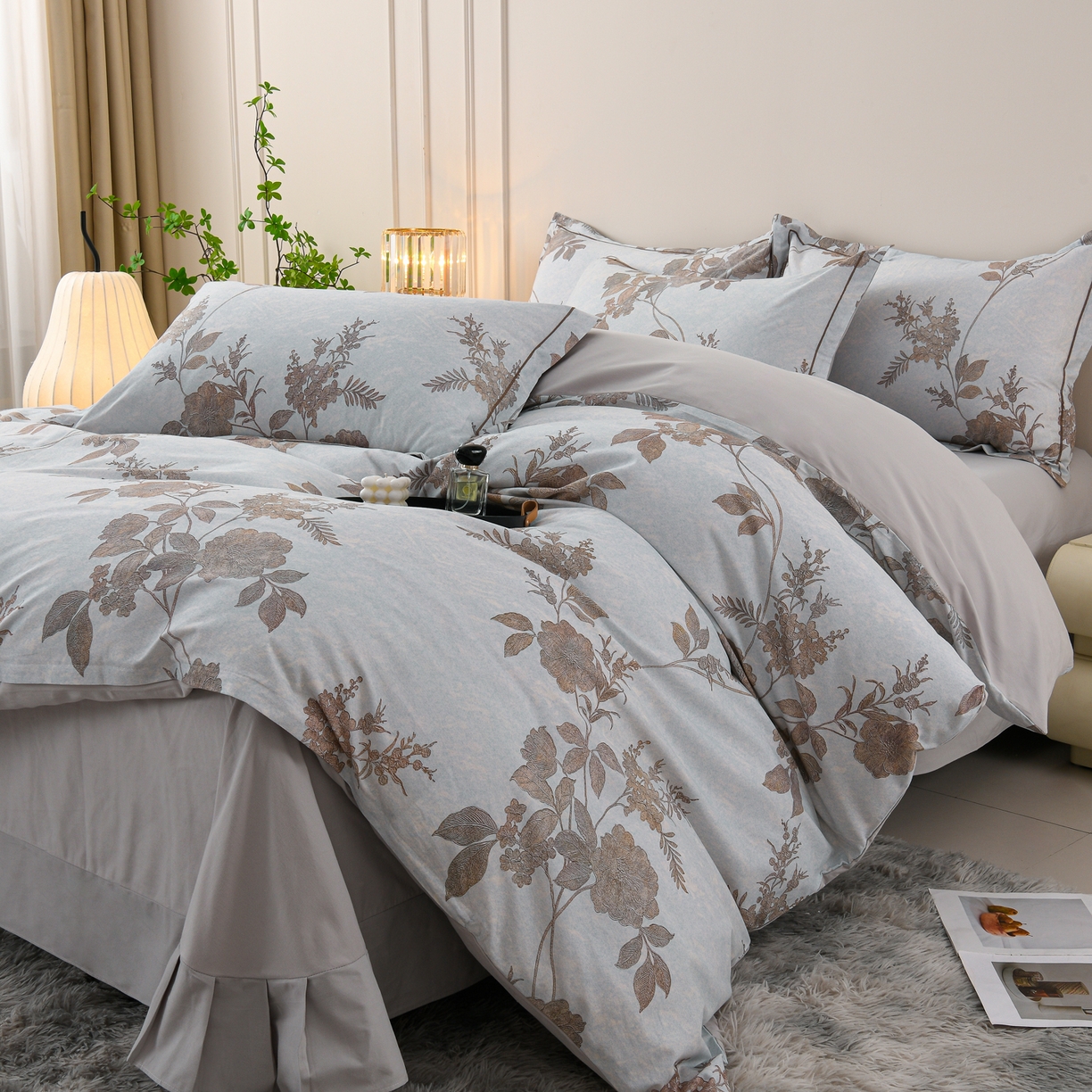 91家纺网 家纺一手货源 找家纺 润淳家居 2025新款全棉生态磨毛数码印花四件套 茉婉 灰绿