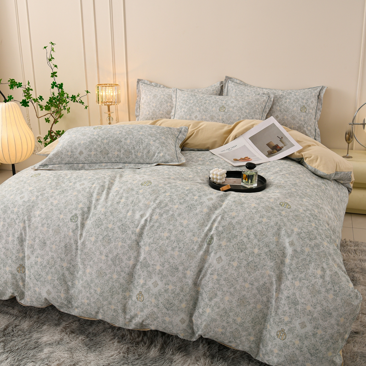 91家纺网 家纺一手货源 找家纺 润淳家居 2025新款全棉生态磨毛数码印花四件套 暮黎 绿