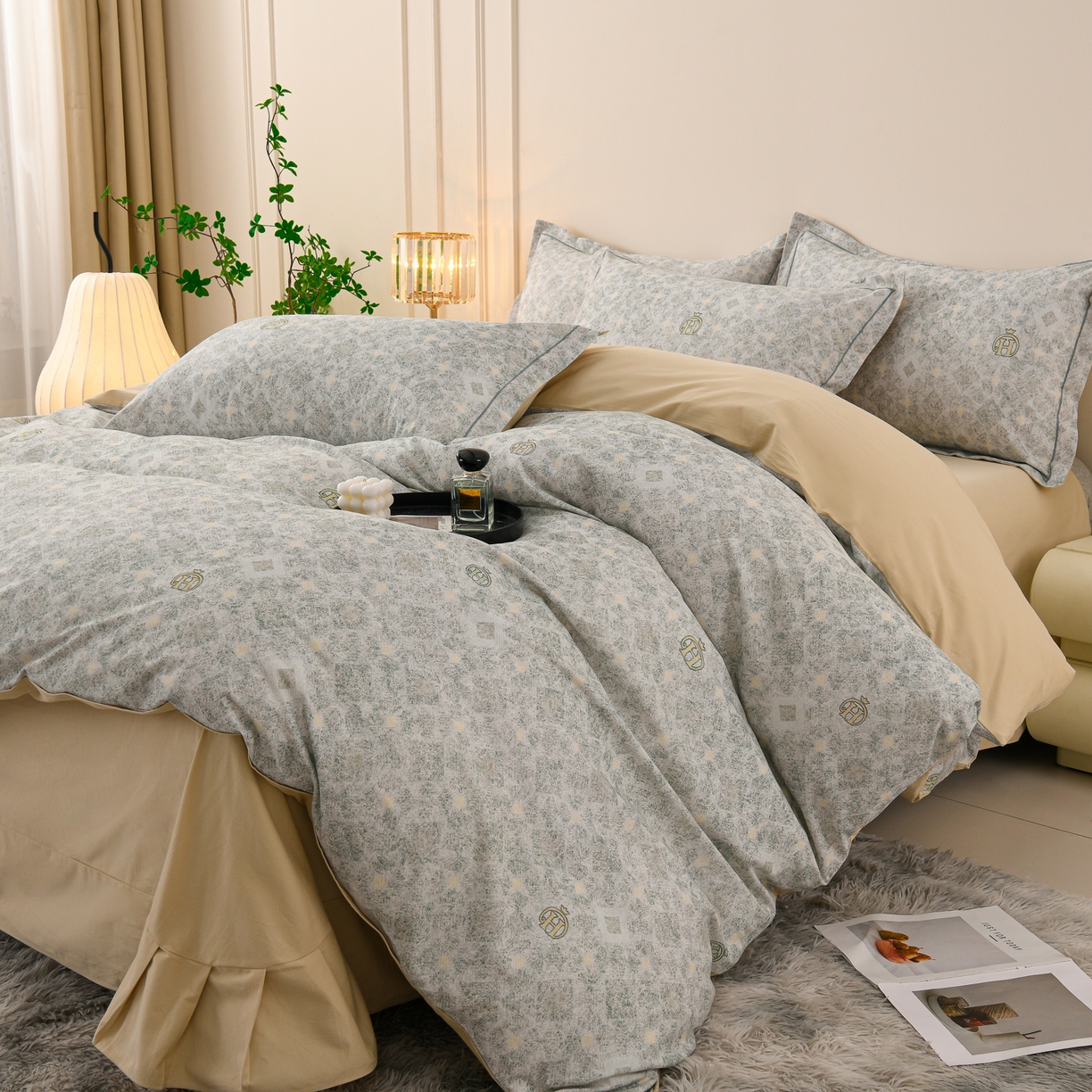 91家纺网 家纺一手货源 找家纺 润淳家居 2025新款全棉生态磨毛数码印花四件套 暮黎 绿