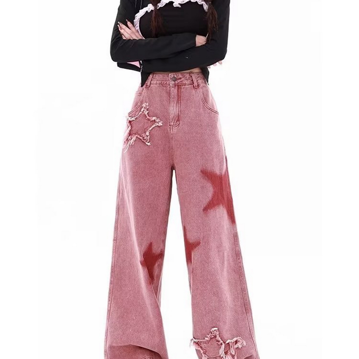 91家纺网 家纺一手货源 找家纺 （总）洛兰沙家居馆【只代发】【只代发】 2025新款只代发大码美式高街设计感直筒牛仔裤新款宽松高腰显瘦阔腿长裤女批发27