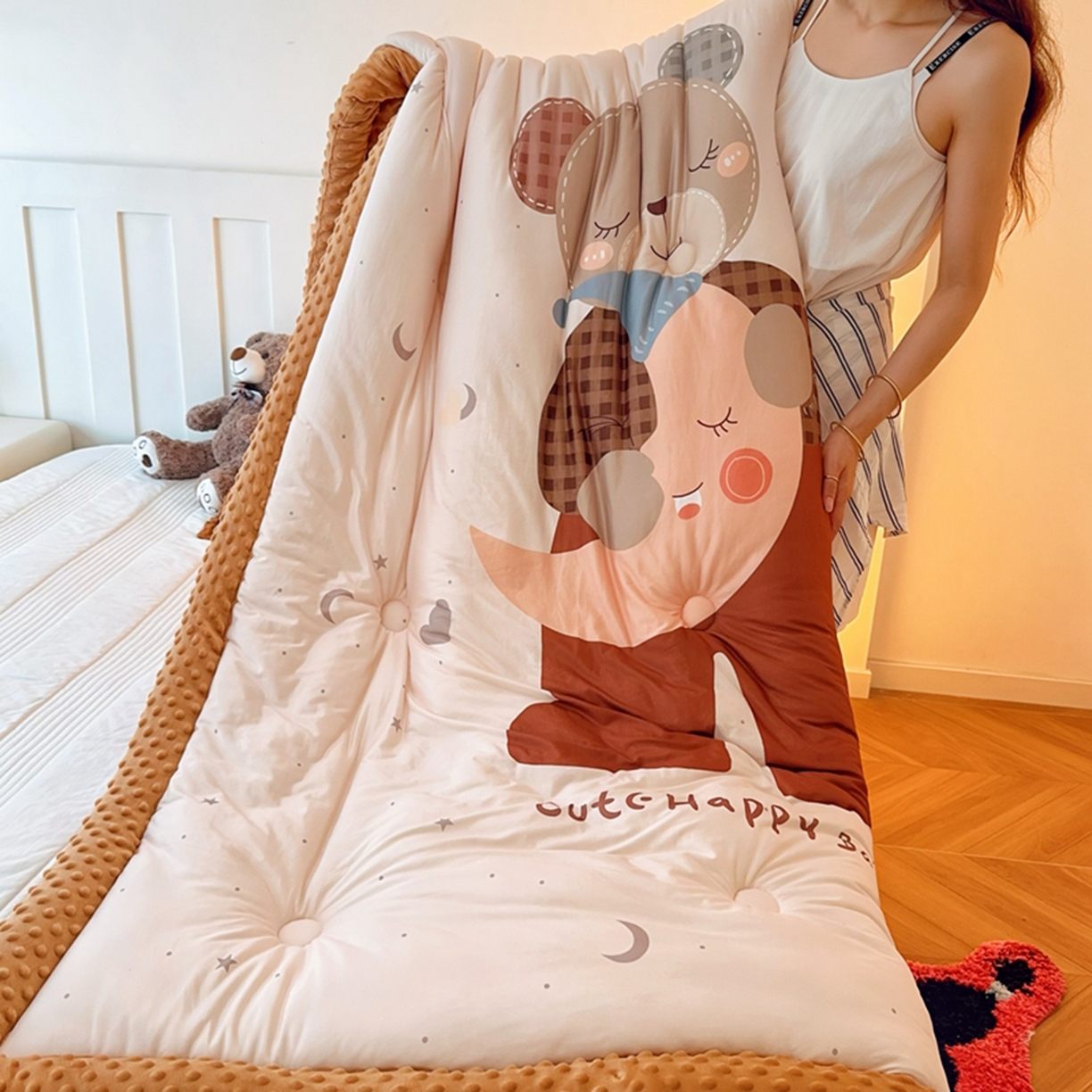 91家纺网 家纺一手货源 找家纺 兜米家居 2025新款针织棉专版数码印花豆豆绒被被子被芯 晚安小熊