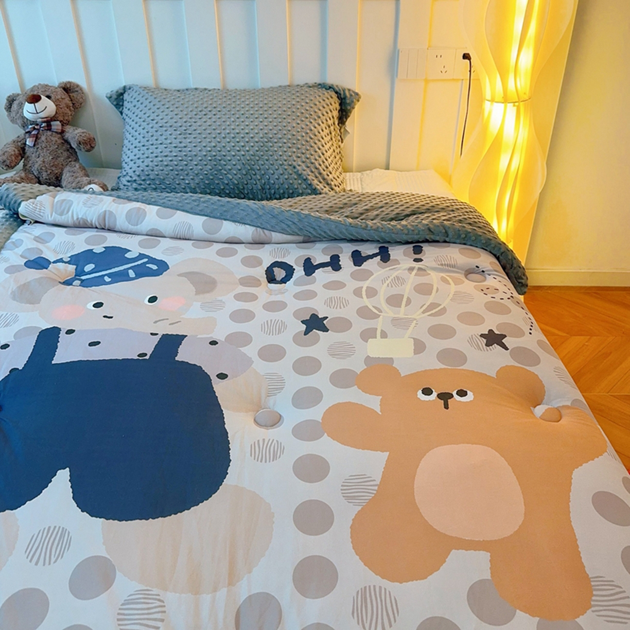 91家纺网 家纺一手货源 找家纺 兜米家居 2025新款针织棉专版数码印花豆豆绒被被子被芯 蓝帽小象