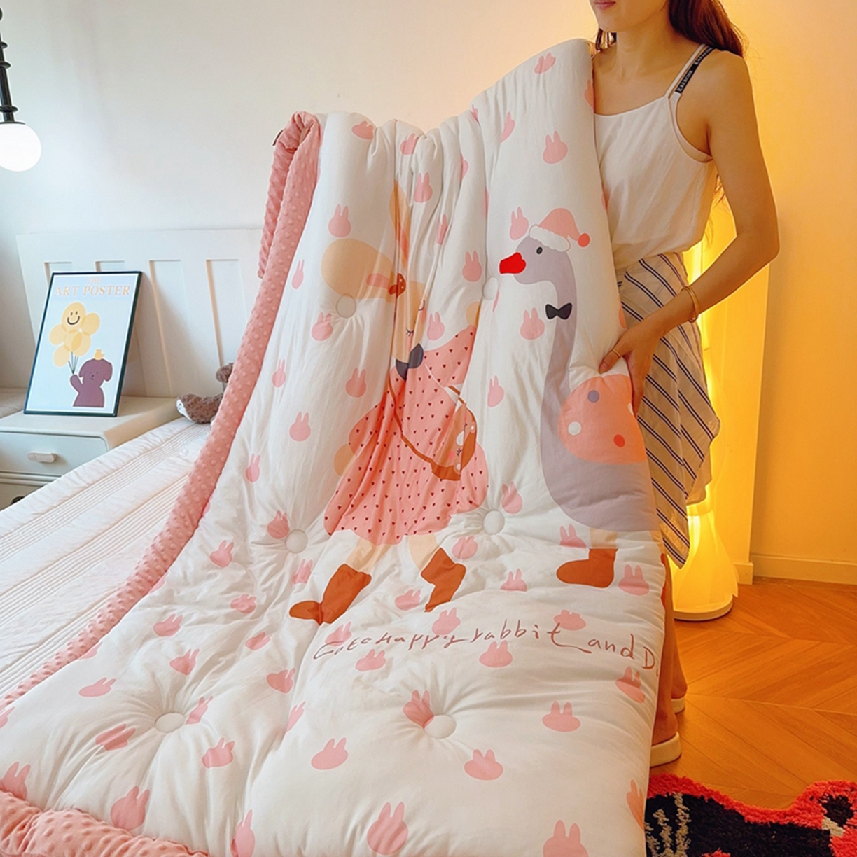 91家纺网 家纺一手货源 找家纺 兜米家居 2025新款针织棉专版数码印花豆豆绒被被子被芯 可爱兔兔