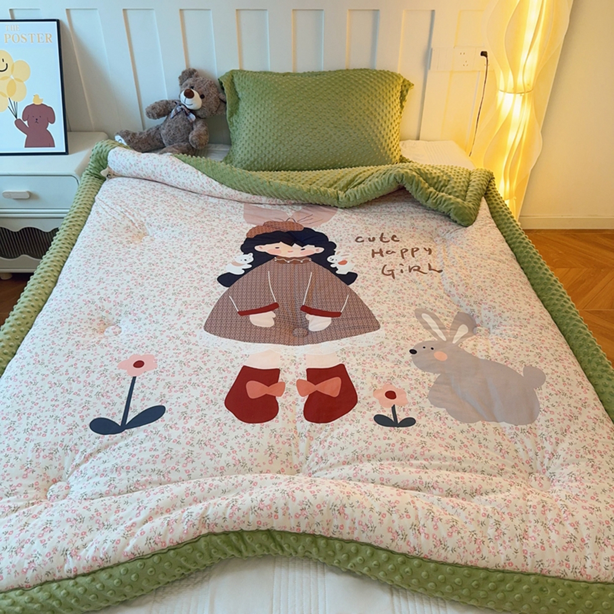 91家纺网 家纺一手货源 找家纺 兜米家居 2025新款针织棉专版数码印花豆豆绒被被子被芯 漂亮女孩