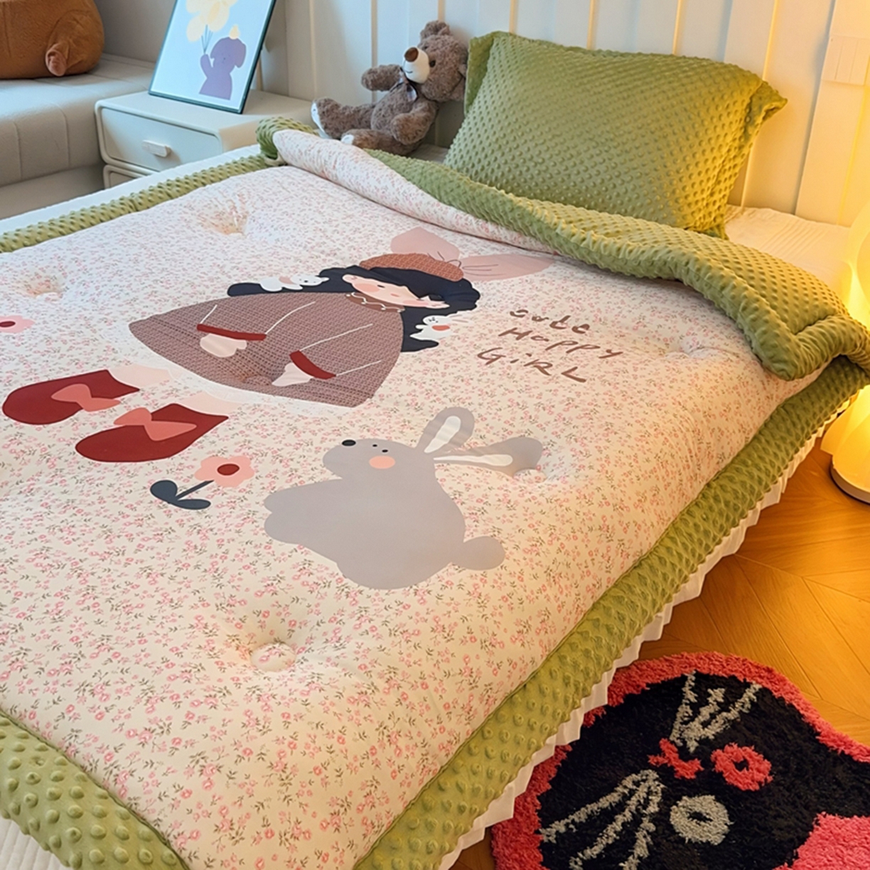 91家纺网 家纺一手货源 找家纺 兜米家居 2025新款针织棉专版数码印花豆豆绒被被子被芯 漂亮女孩