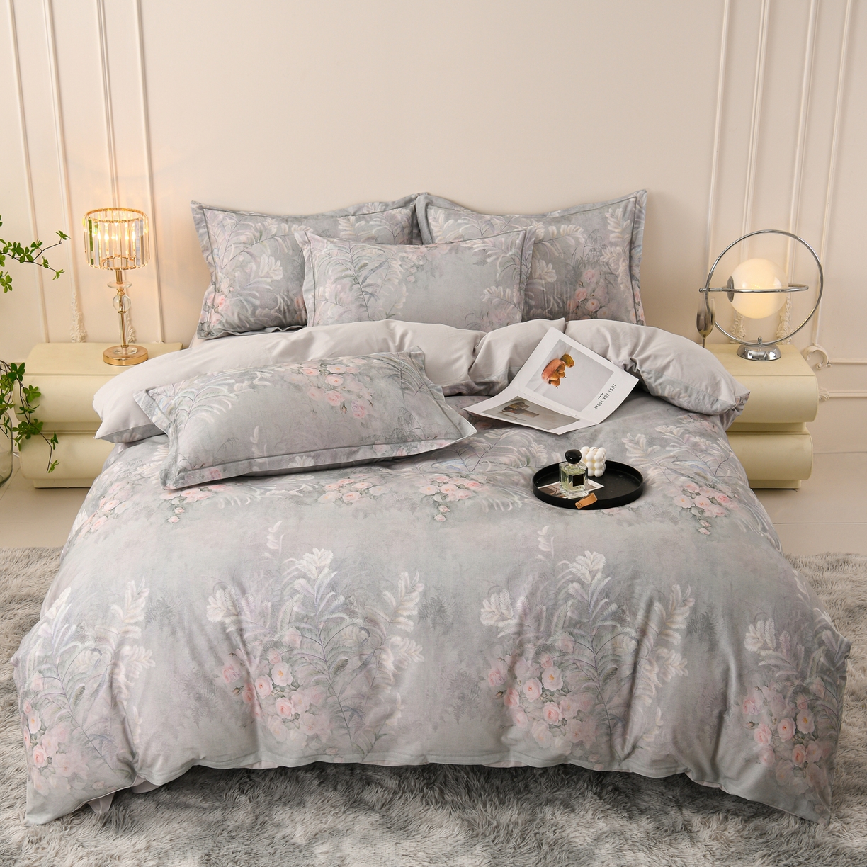 91家纺网 家纺一手货源 找家纺 润淳家居 2025新款全棉生态磨毛数码印花四件套 苏雅风情 蓝灰