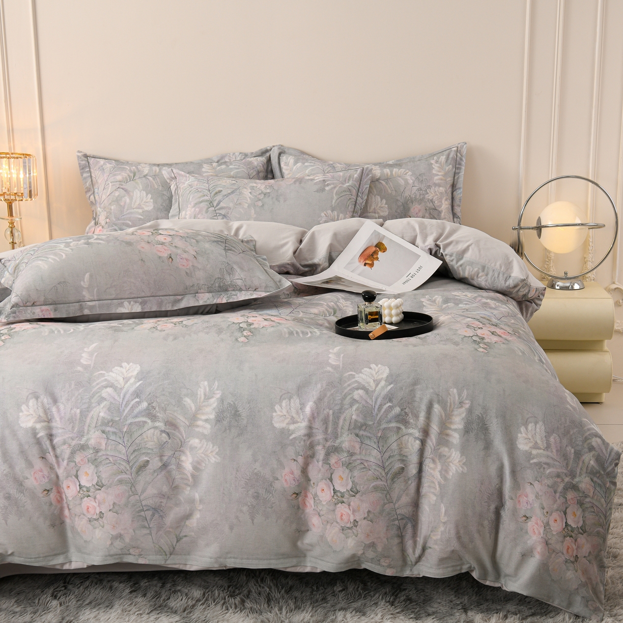 91家纺网 家纺一手货源 找家纺 润淳家居 2025新款全棉生态磨毛数码印花四件套 苏雅风情 蓝灰