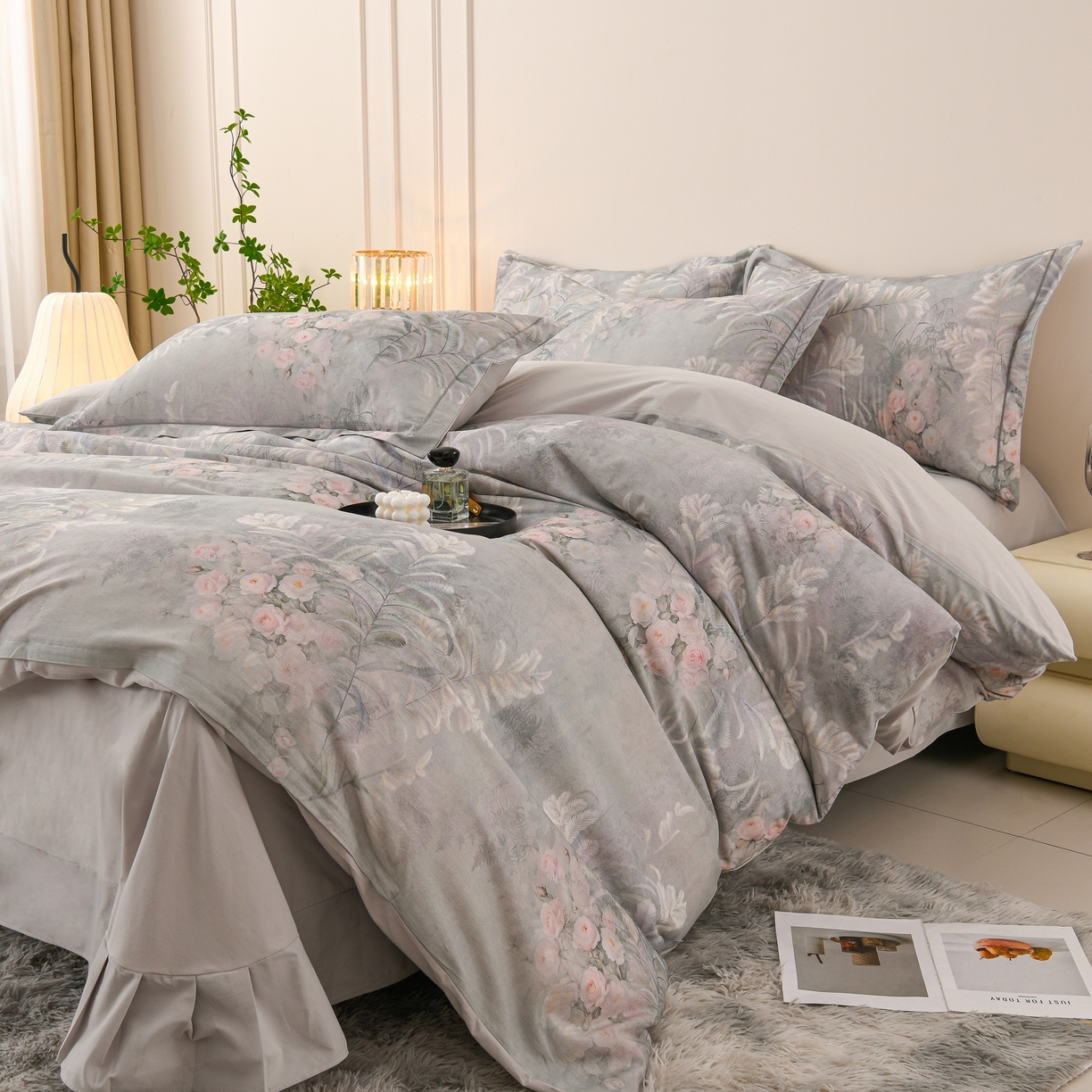 91家纺网 家纺一手货源 找家纺 润淳家居 2025新款全棉生态磨毛数码印花四件套 苏雅风情 蓝灰