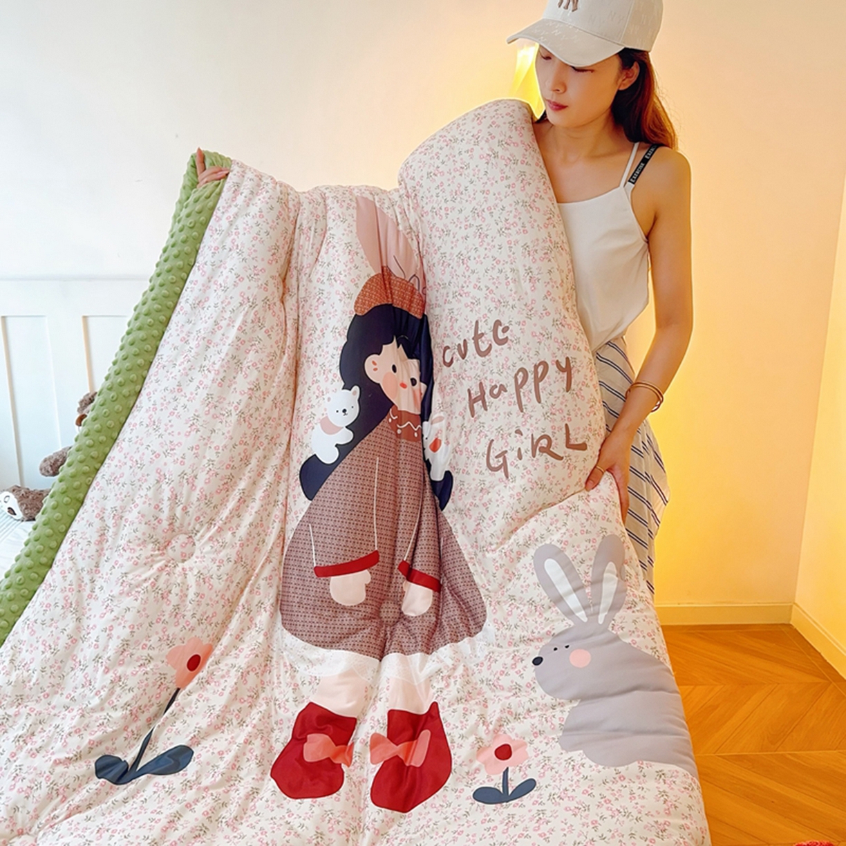 91家纺网 家纺一手货源 找家纺 兜米家居 2025新款针织棉专版数码印花豆豆绒被被子被芯 漂亮女孩