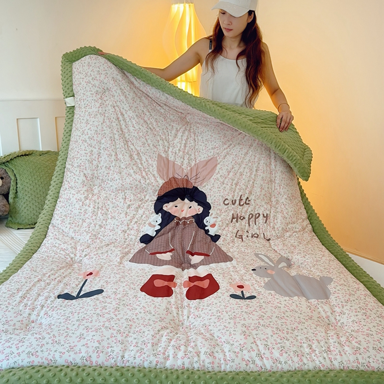 91家纺网 家纺一手货源 找家纺 兜米家居 2025新款针织棉专版数码印花豆豆绒被被子被芯 漂亮女孩