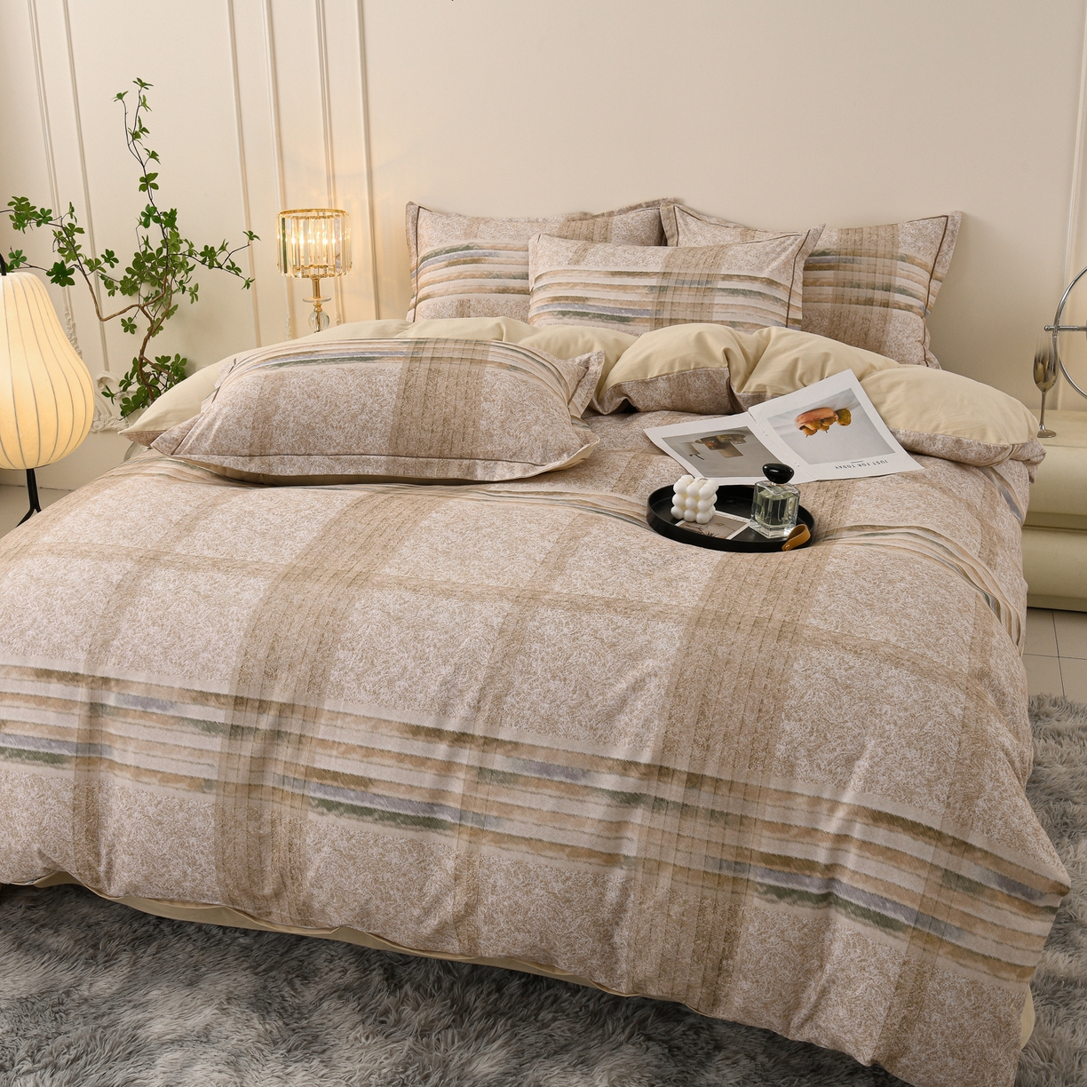 91家纺网 家纺一手货源 找家纺 润淳家居 2025新款全棉生态磨毛数码印花四件套 韵律 驼