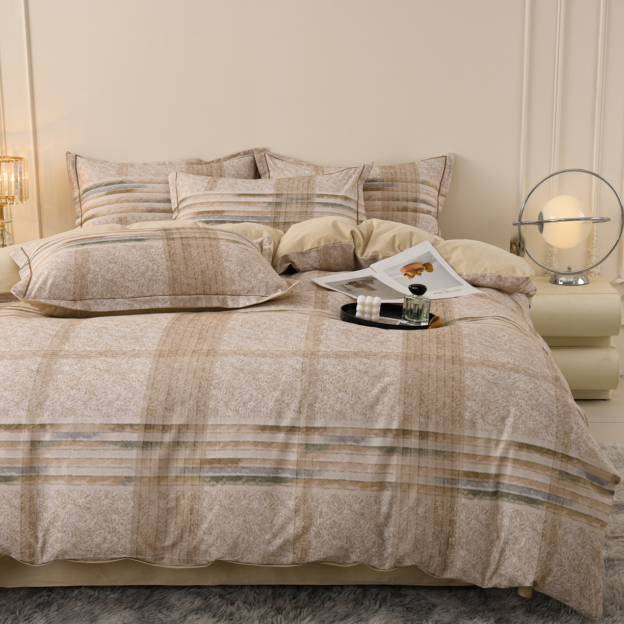 91家纺网 家纺一手货源 找家纺 润淳家居 2025新款全棉生态磨毛数码印花四件套 韵律 驼