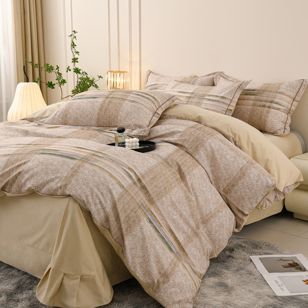 91家纺网 家纺一手货源 找家纺 润淳家居 2025新款全棉生态磨毛数码印花四件套 韵律 驼