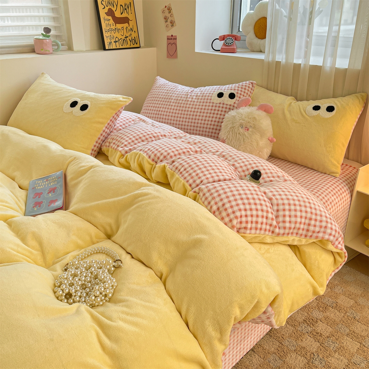 91家纺网 家纺一手货源 找家纺 （总）雨洋家纺 2025新款牛奶绒双面毛巾绣四件套-大眼萌系列