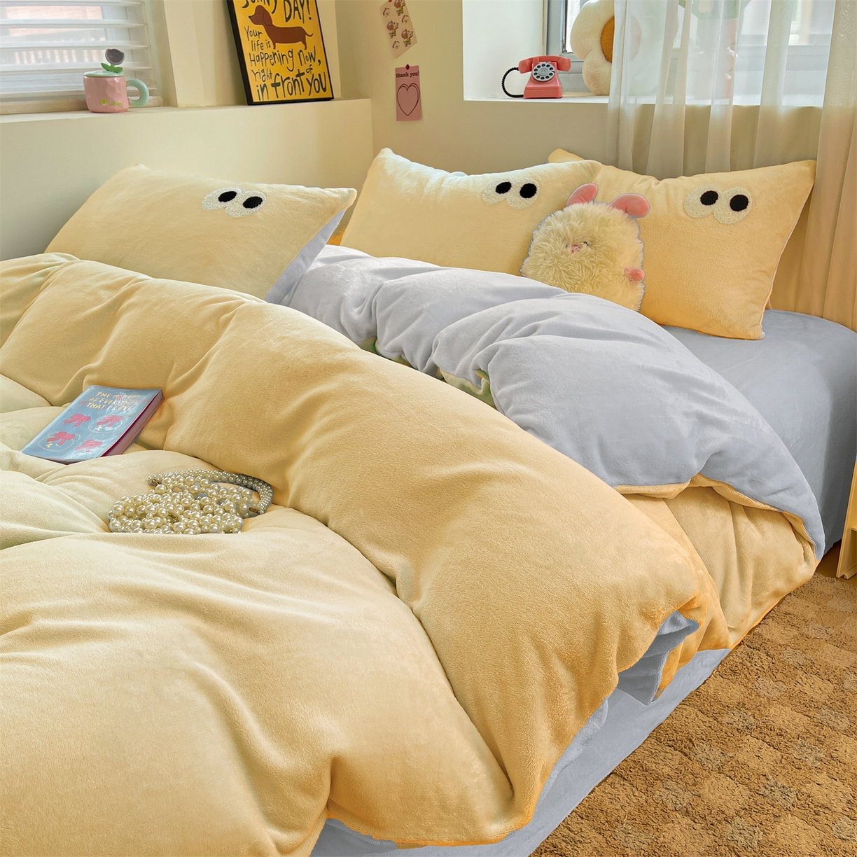 雨洋家纺 2025新款牛奶绒双面毛巾绣四件套-大眼萌系列 R绒大眼萌海盐芝士