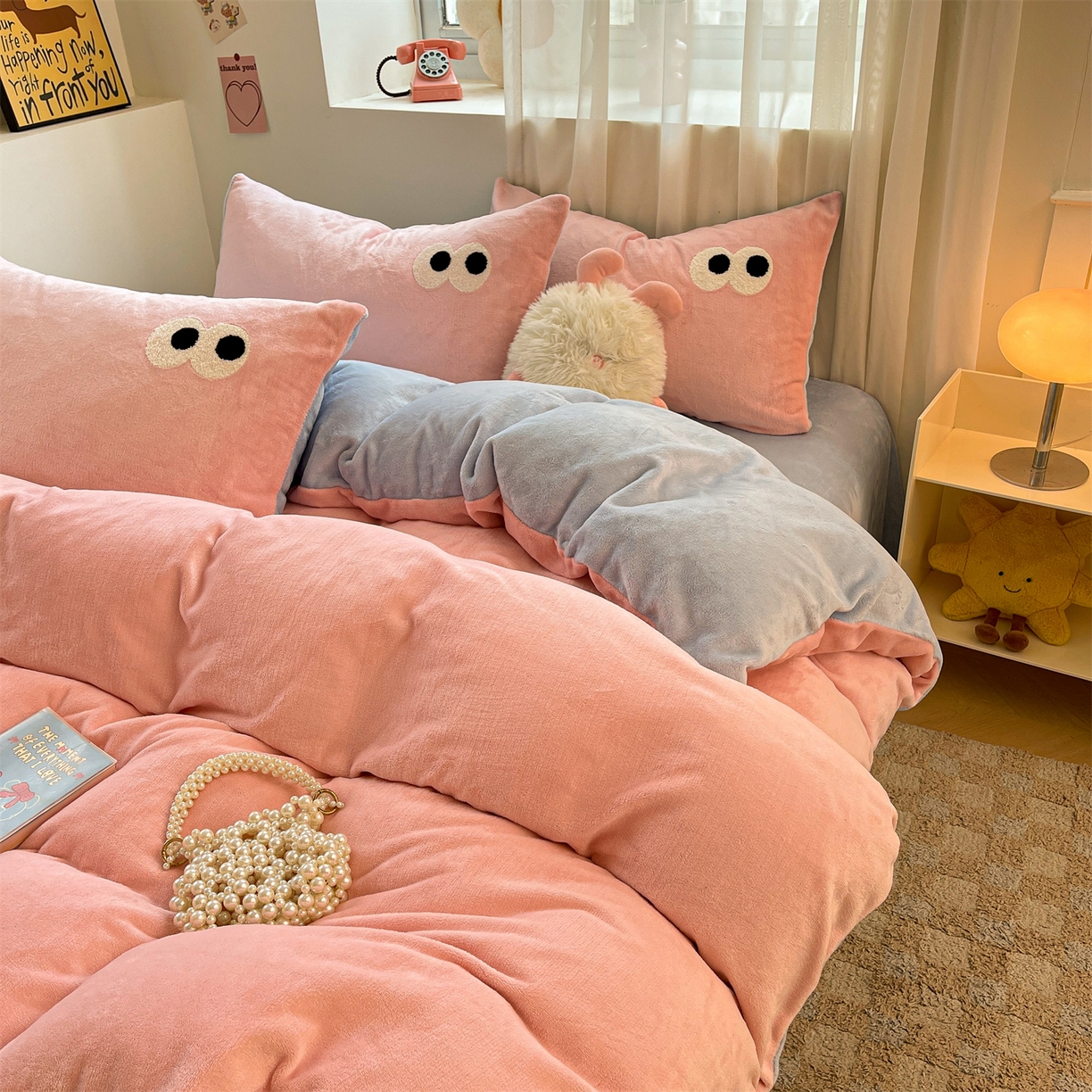 雨洋家纺 2025新款牛奶绒双面毛巾绣四件套-大眼萌系列 R绒大眼萌草莓海盐