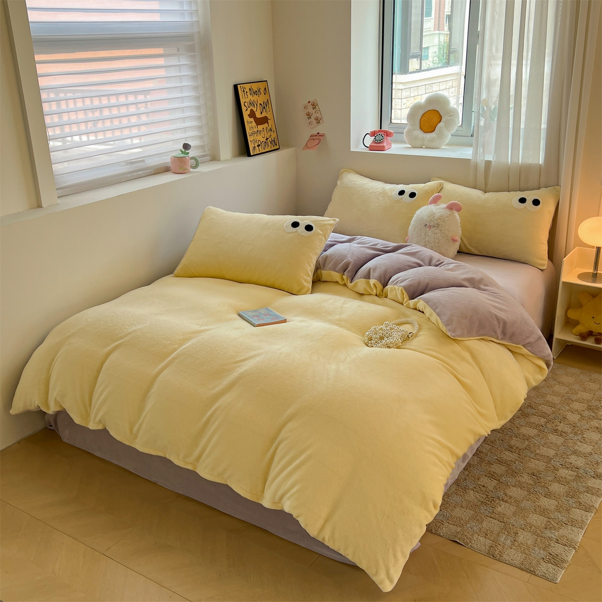 91家纺网 家纺一手货源 找家纺 雨洋家纺 2025新款牛奶绒双面毛巾绣单品被套-大眼萌系列 R绒大眼萌芋泥奶盖