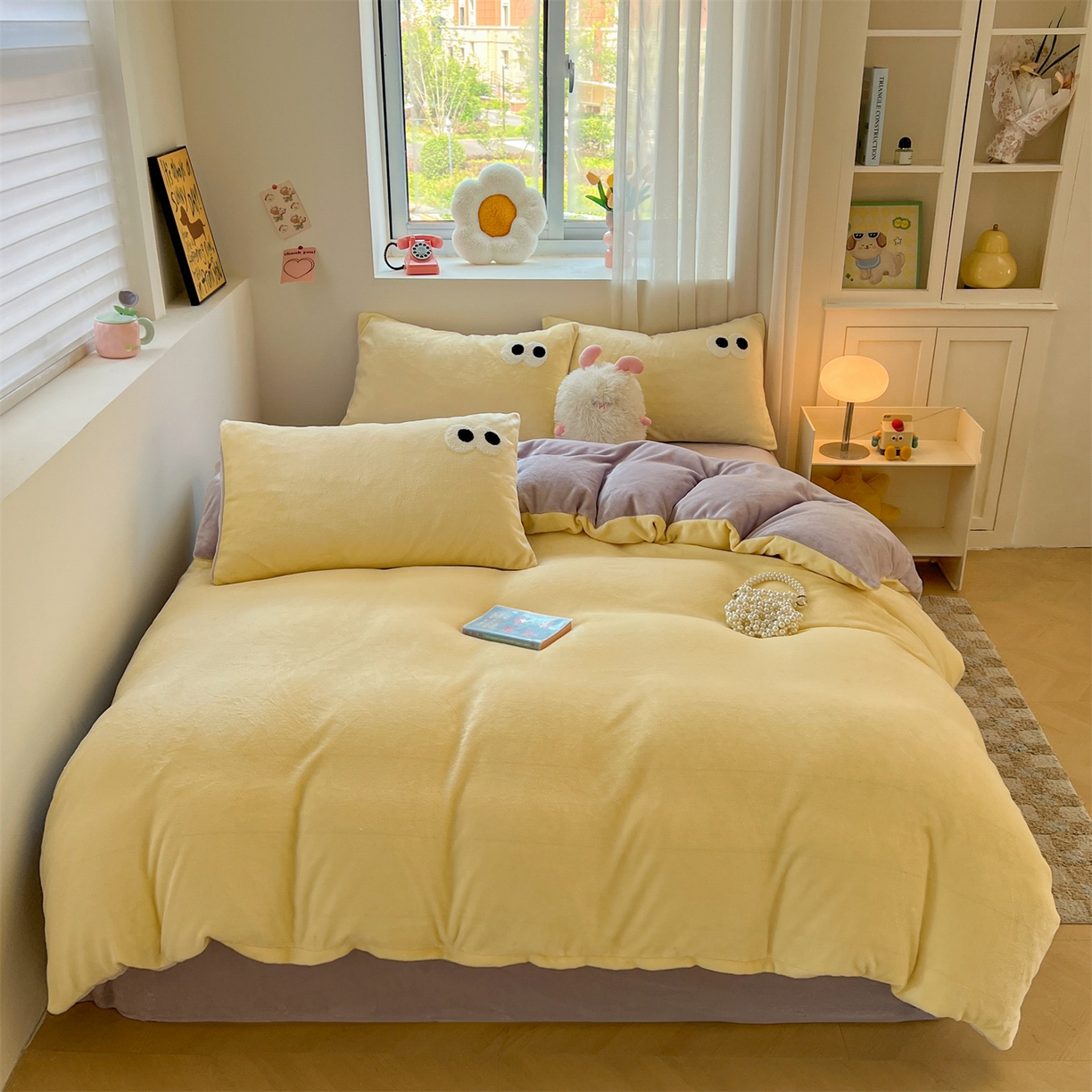 91家纺网 家纺一手货源 找家纺 雨洋家纺 2025新款牛奶绒双面毛巾绣单品被套-大眼萌系列 R绒大眼萌芋泥奶盖