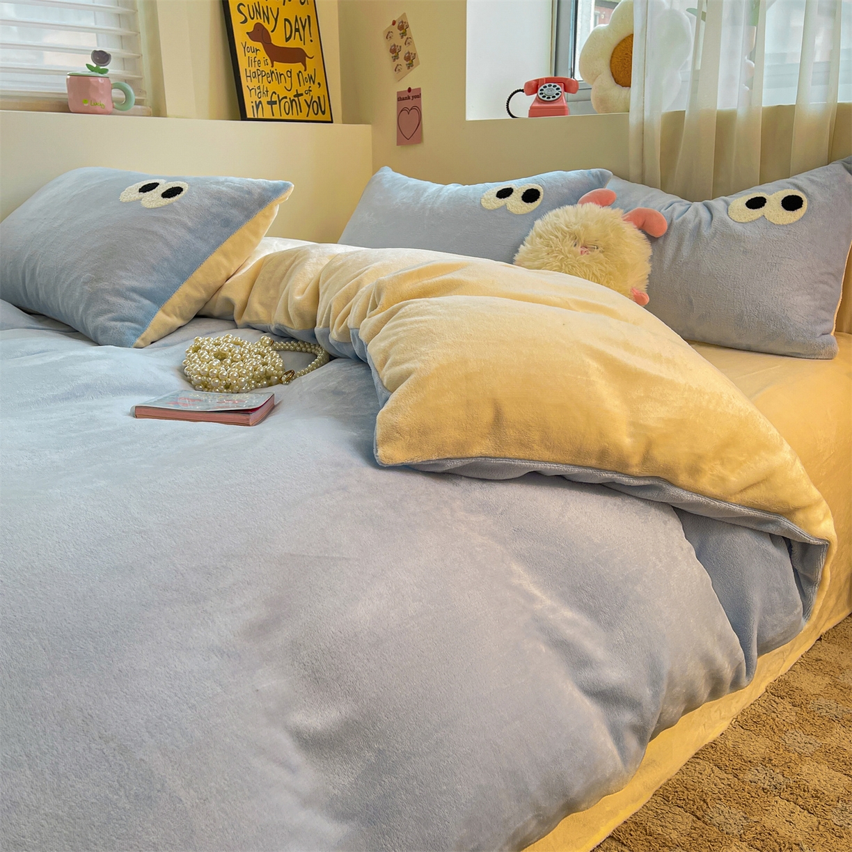 91家纺网 家纺一手货源 找家纺 雨洋家纺 2025新款牛奶绒双面毛巾绣单品被套-大眼萌系列 R绒大眼萌海盐芝士