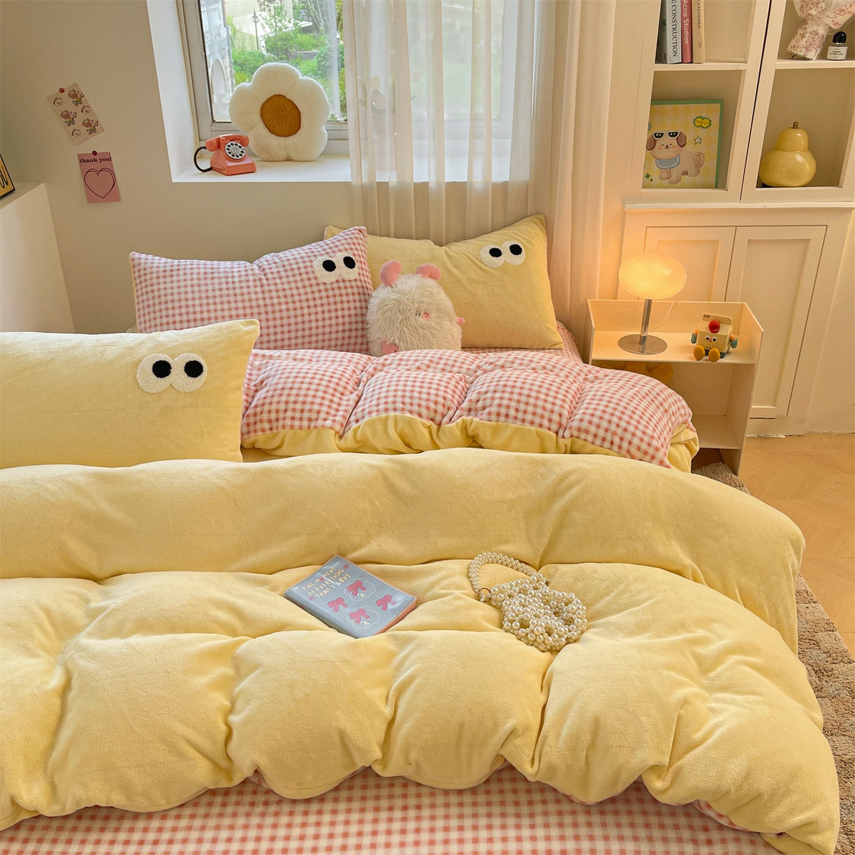 雨洋家纺 2025新款牛奶绒双面毛巾绣单品被套-大眼萌系列 R绒大眼萌黄黄粉格