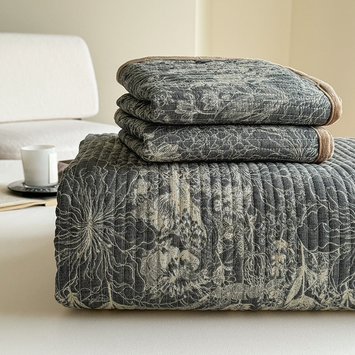 卢赛尔 2025新款印花加厚原麻宝宝绒双拼保暖床盖款三件套 凉墨