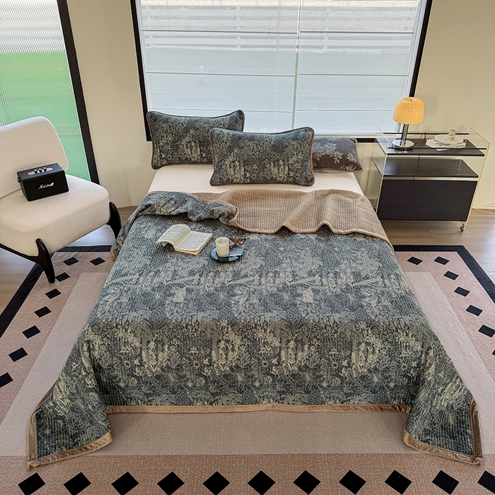 91家纺网 家纺一手货源 找家纺 卢赛尔 2025新款印花加厚原麻宝宝绒双拼保暖床盖款三件套 凉墨