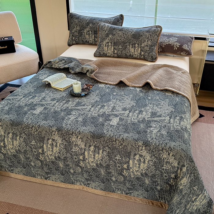 91家纺网 家纺一手货源 找家纺 卢赛尔 2025新款印花加厚原麻宝宝绒双拼保暖床盖款三件套 凉墨