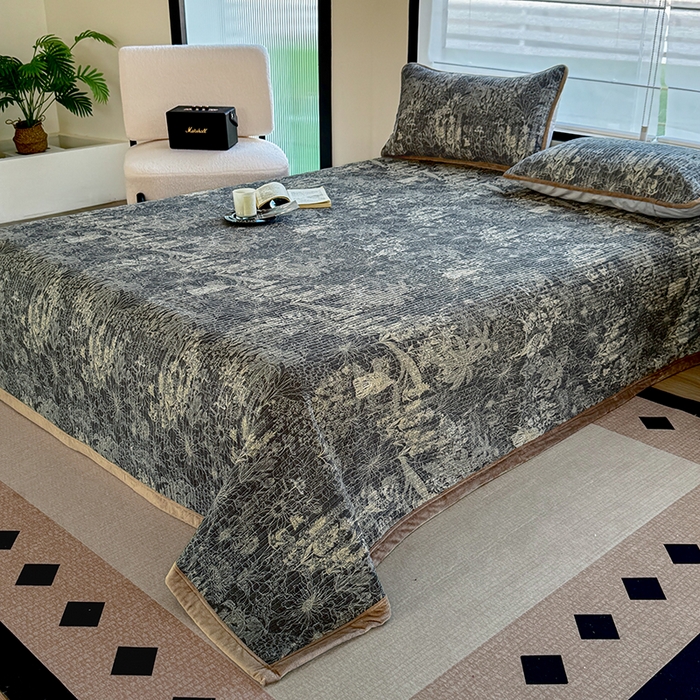 91家纺网 家纺一手货源 找家纺 卢赛尔 2025新款印花加厚原麻宝宝绒双拼保暖床盖款三件套 凉墨