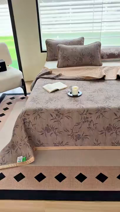 91家纺网 家纺一手货源 找家纺 卢赛尔 2025新款印花加厚原麻宝宝绒双拼保暖床盖款三件套 南栀羽