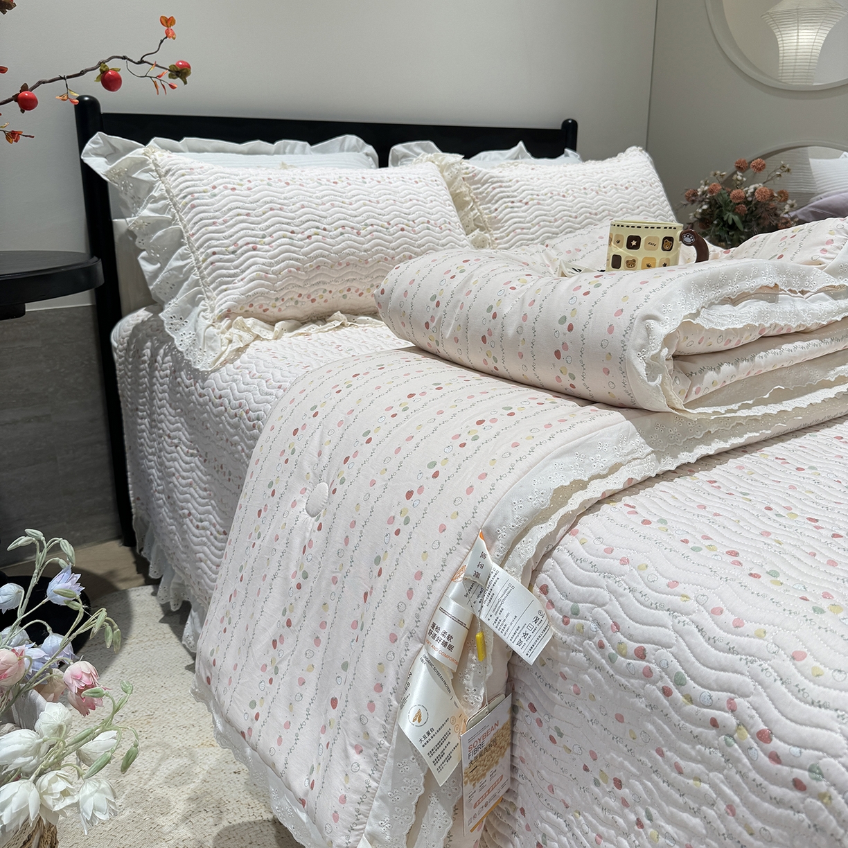 91家纺网 家纺一手货源 找家纺 （总）奈萝家纺 2025新款全棉蕾丝花边被套春秋被床盖四件套床盖三件套